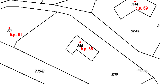Horní Chrastava 36, Chrastava na parcele st. 285 v KÚ Horní Chrastava, Katastrální mapa
