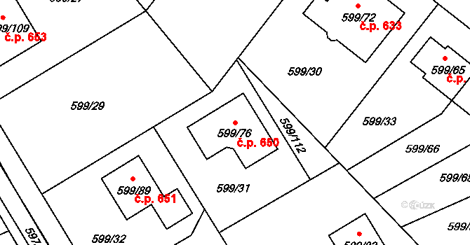 Srubec 650 na parcele st. 599/76 v KÚ Srubec, Katastrální mapa