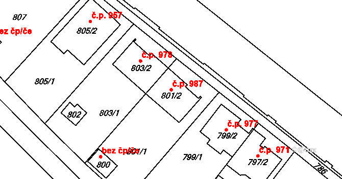 Lužice 987 na parcele st. 801/2 v KÚ Lužice u Hodonína, Katastrální mapa