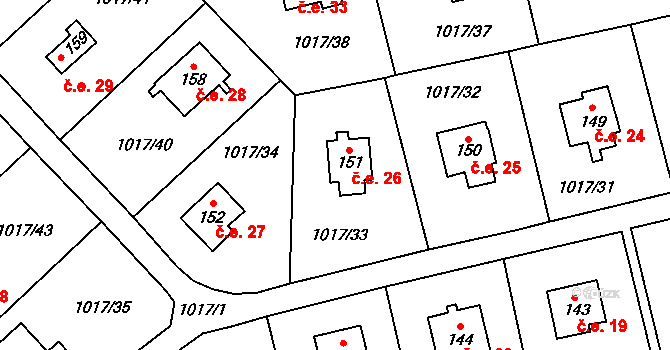 Kobylníky 26, Chotilsko na parcele st. 151 v KÚ Prostřední Lhota, Katastrální mapa