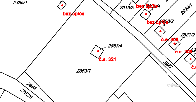Kopřivnice 321 na parcele st. 2863/4 v KÚ Kopřivnice, Katastrální mapa