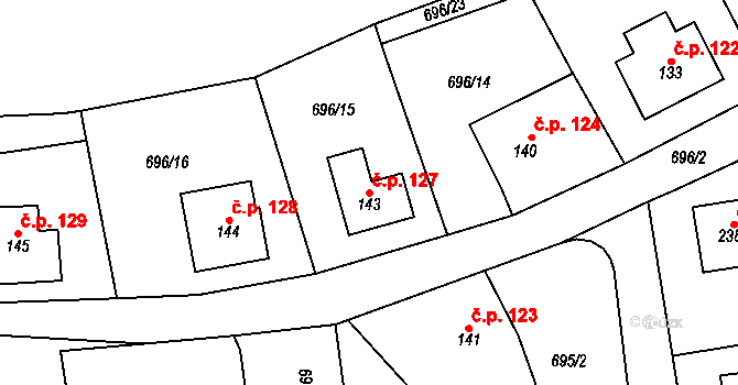 Škrdlovice 127 na parcele st. 143 v KÚ Škrdlovice, Katastrální mapa
