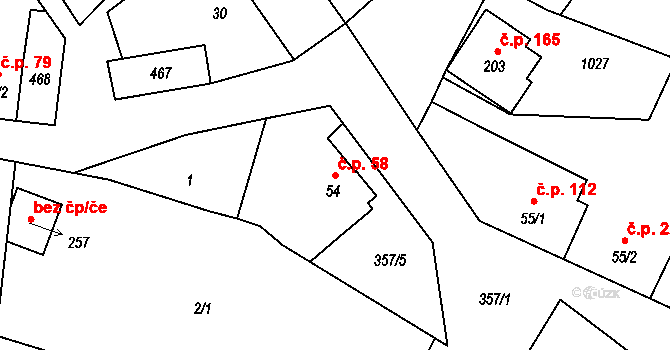 Mysločovice 58 na parcele st. 54 v KÚ Mysločovice, Katastrální mapa