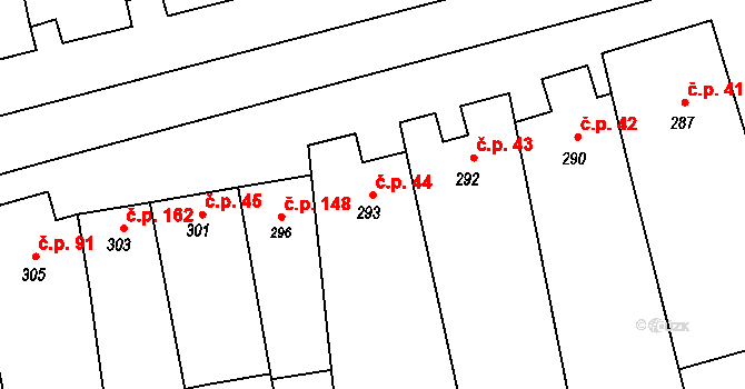 Hrušky 44 na parcele st. 293 v KÚ Hrušky u Brna, Katastrální mapa