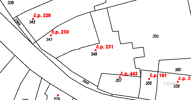 Buchlovice 231 na parcele st. 349 v KÚ Buchlovice, Katastrální mapa
