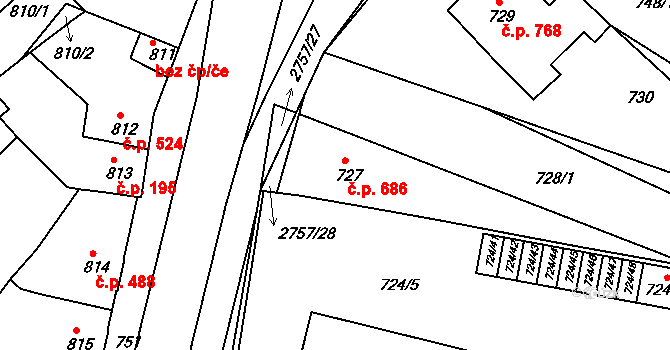 Bučovice 686 na parcele st. 727 v KÚ Bučovice, Katastrální mapa