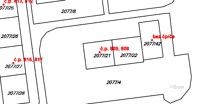 Třemošná 808,809 na parcele st. 2077/21 v KÚ Třemošná, Katastrální mapa