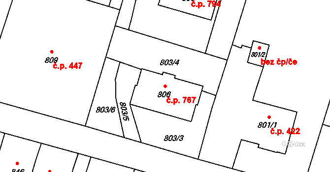 Mohelnice 767 na parcele st. 806 v KÚ Mohelnice, Katastrální mapa
