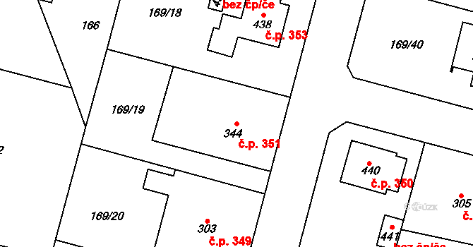 Lány 351 na parcele st. 344 v KÚ Lány, Katastrální mapa