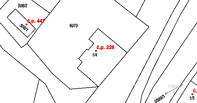 Vroutek 228 na parcele st. 1/4 v KÚ Vroutek, Katastrální mapa