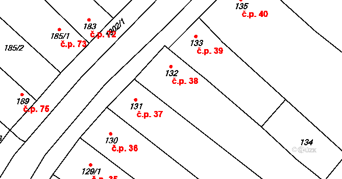 Pouzdřany 38 na parcele st. 132 v KÚ Pouzdřany, Katastrální mapa