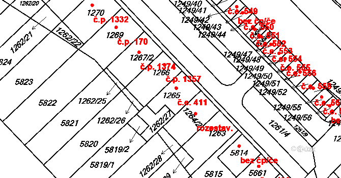 Hustopeče 411 na parcele st. 1265 v KÚ Hustopeče u Brna, Katastrální mapa