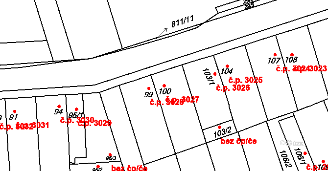 Znojmo 3027 na parcele st. 100 v KÚ Znojmo-Louka, Katastrální mapa