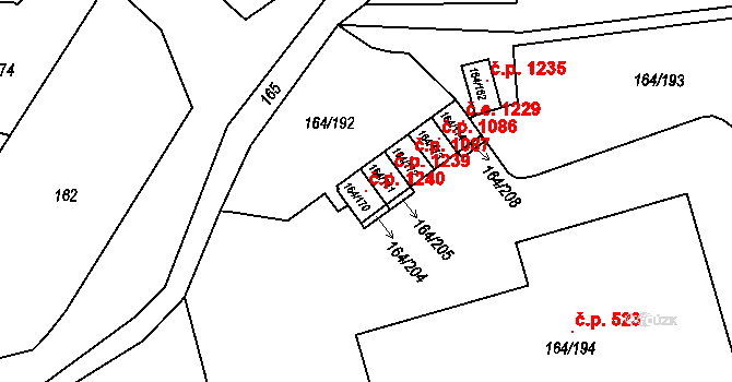 Dobšice 1240 na parcele st. 164/170 v KÚ Dobšice u Znojma, Katastrální mapa