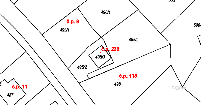 Olbramice 232 na parcele st. 495/3 v KÚ Olbramice, Katastrální mapa