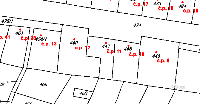 Pařezovice 11, Vyškov na parcele st. 447 v KÚ Lhota, Katastrální mapa