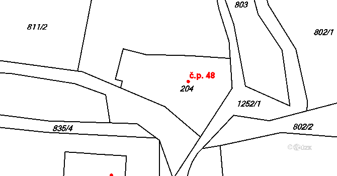 Dolní Sklenov 48, Hukvaldy na parcele st. 204 v KÚ Sklenov, Katastrální mapa