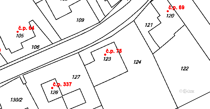 Těchov 75, Blansko na parcele st. 123 v KÚ Těchov, Katastrální mapa