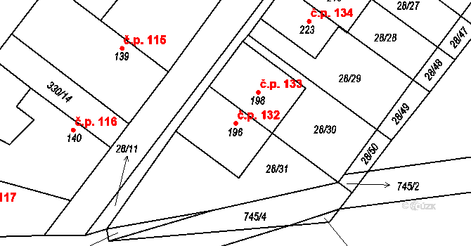 Střelice 132, Uničov na parcele st. 196 v KÚ Střelice u Litovle, Katastrální mapa