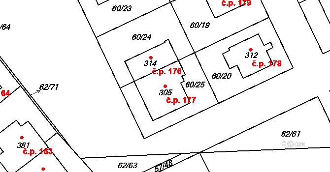 Kluk 177, Poděbrady na parcele st. 305 v KÚ Kluk, Katastrální mapa