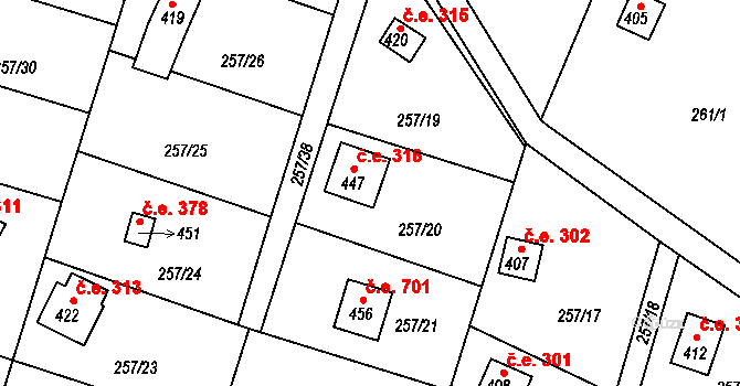 Mukařov 316, Malá Skála na parcele st. 447 v KÚ Mukařov u Jablonce nad Nisou, Katastrální mapa