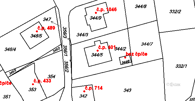 Brušperk 401 na parcele st. 344/5 v KÚ Brušperk, Katastrální mapa