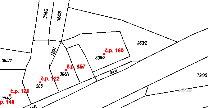 Litovel 160 na parcele st. 306/3 v KÚ Litovel, Katastrální mapa