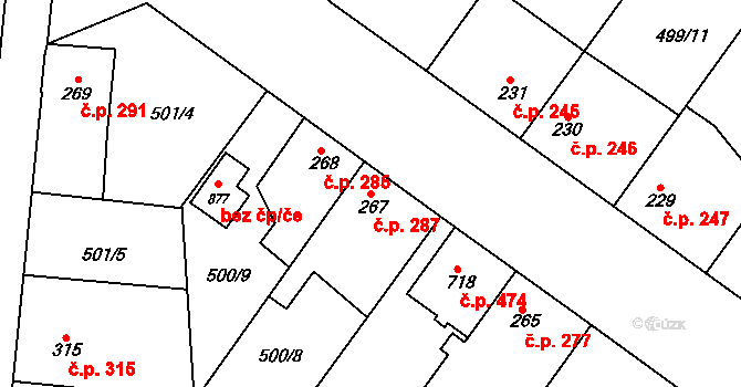 Sendražice 287, Kolín na parcele st. 267 v KÚ Sendražice u Kolína, Katastrální mapa