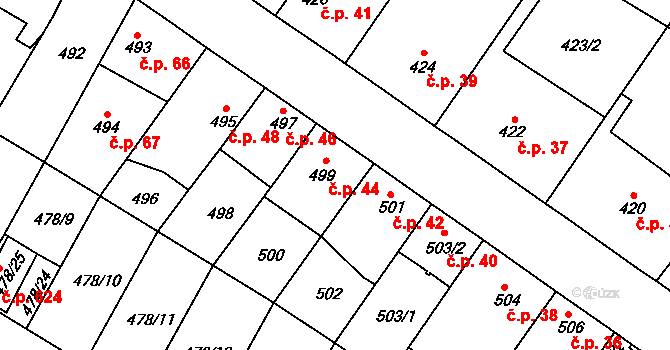 Satalice 44, Praha na parcele st. 499 v KÚ Satalice, Katastrální mapa