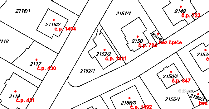 Radotín 1411, Praha na parcele st. 2152/2 v KÚ Radotín, Katastrální mapa