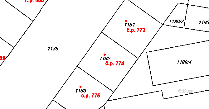 Vršovice 774, Praha na parcele st. 1182 v KÚ Vršovice, Katastrální mapa