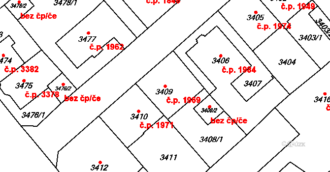 Chomutov 1969 na parcele st. 3409 v KÚ Chomutov I, Katastrální mapa