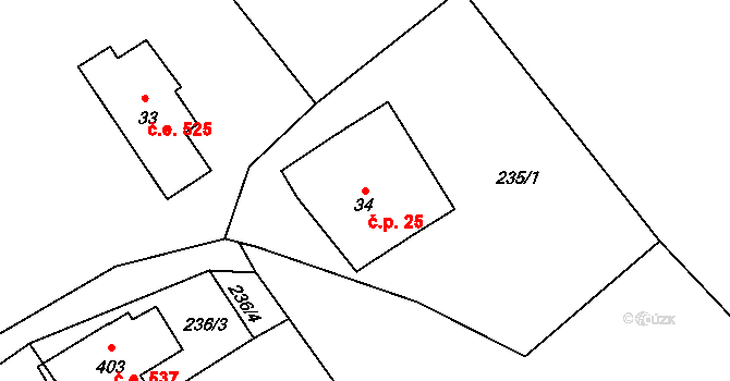 Jeřmanice 25 na parcele st. 34 v KÚ Jeřmanice, Katastrální mapa