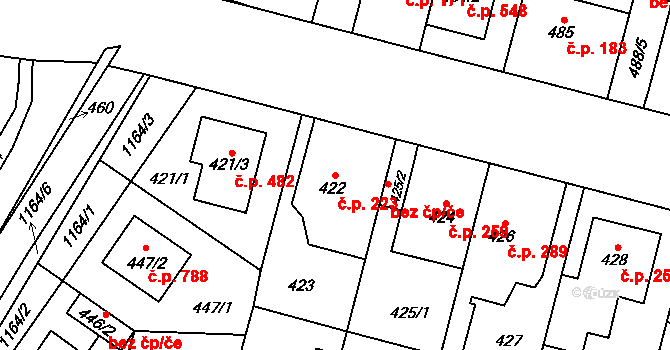 Újezd 223, Plzeň na parcele st. 422 v KÚ Újezd, Katastrální mapa