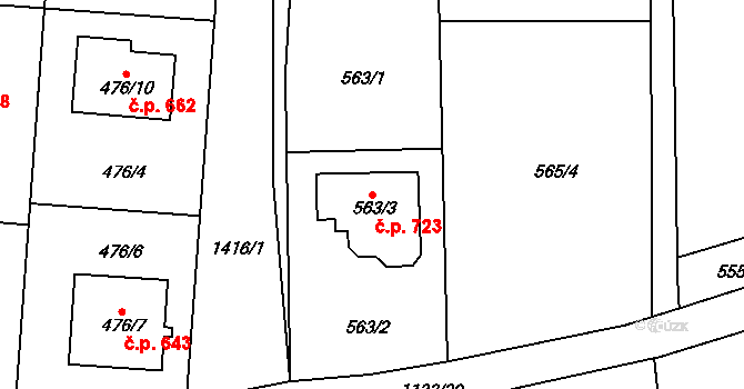 Vejprnice 723 na parcele st. 563/3 v KÚ Vejprnice, Katastrální mapa