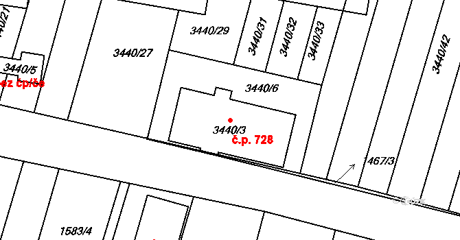 Střelice 728 na parcele st. 3440/3 v KÚ Střelice u Brna, Katastrální mapa