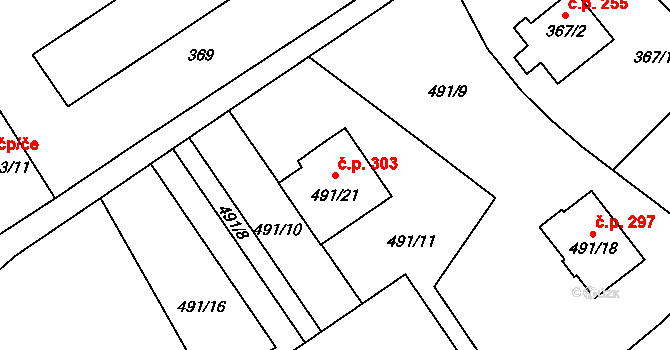 Jaroslavice 303, Zlín na parcele st. 491/21 v KÚ Jaroslavice u Zlína, Katastrální mapa