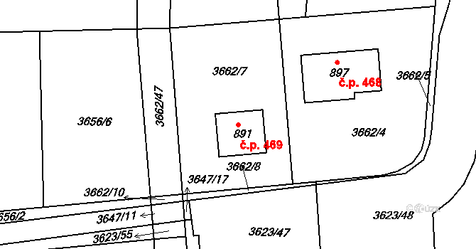 Kožlany 469 na parcele st. 891 v KÚ Kožlany, Katastrální mapa
