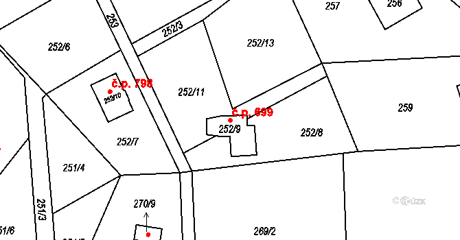 Srubec 699 na parcele st. 252/9 v KÚ Srubec, Katastrální mapa