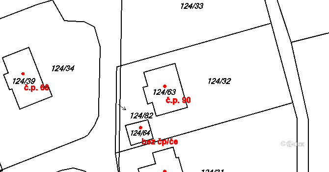 Stradov 90, Chlumec na parcele st. 124/63 v KÚ Stradov u Chabařovic, Katastrální mapa