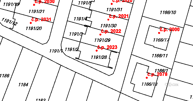 Benešov 2023 na parcele st. 1191/28 v KÚ Benešov u Prahy, Katastrální mapa