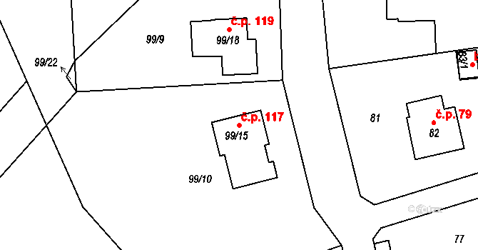 Vinařice 117, Týnec nad Labem na parcele st. 99/15 v KÚ Vinařice u Týnce nad Labem, Katastrální mapa