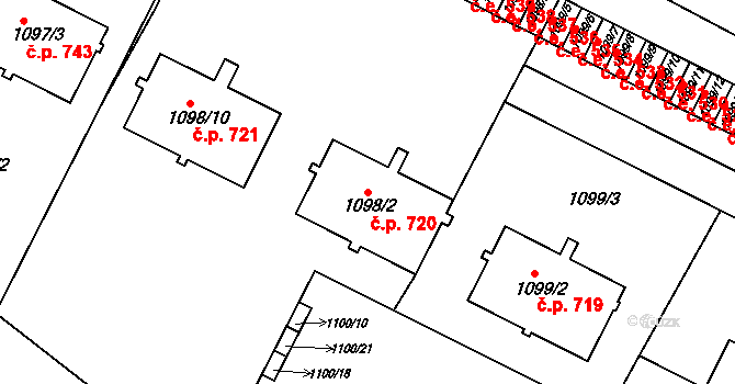 Bystřice nad Pernštejnem 720 na parcele st. 1098/2 v KÚ Bystřice nad Pernštejnem, Katastrální mapa