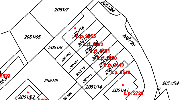 Předměstí 2650, Opava na parcele st. 2051/21 v KÚ Opava-Předměstí, Katastrální mapa