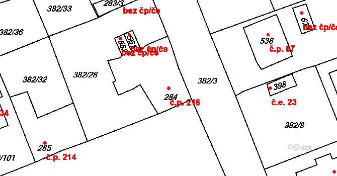 Rudná 216 na parcele st. 284 v KÚ Dušníky u Rudné, Katastrální mapa