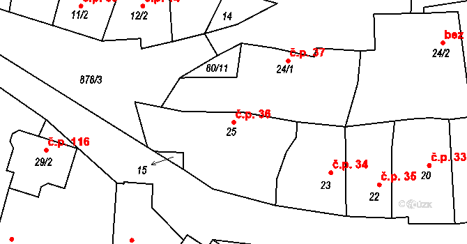 Chlumany 36 na parcele st. 25 v KÚ Chlumany, Katastrální mapa