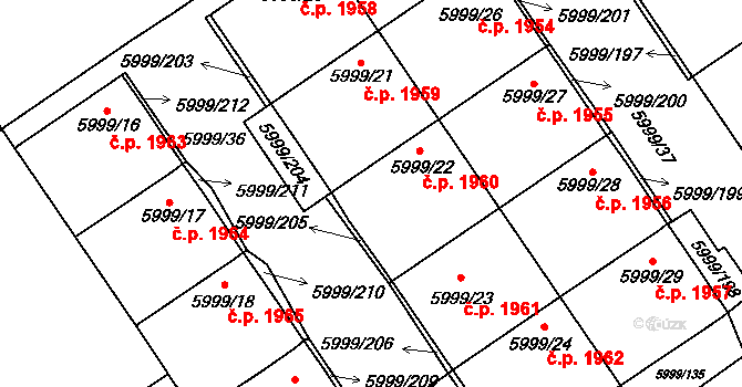 Velké Meziříčí 1960 na parcele st. 5999/22 v KÚ Velké Meziříčí, Katastrální mapa