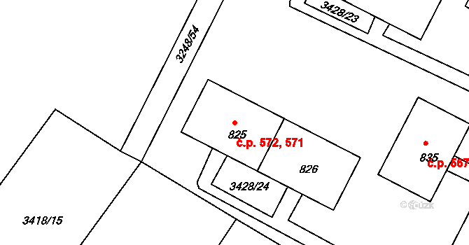 Počátky 571,572 na parcele st. 825 v KÚ Počátky, Katastrální mapa