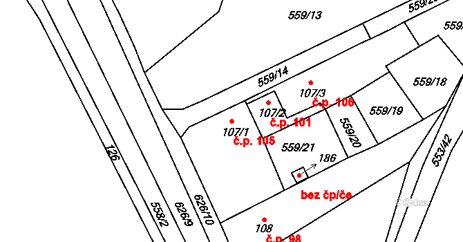 Chocenice 105 na parcele st. 107/1 v KÚ Chocenice, Katastrální mapa