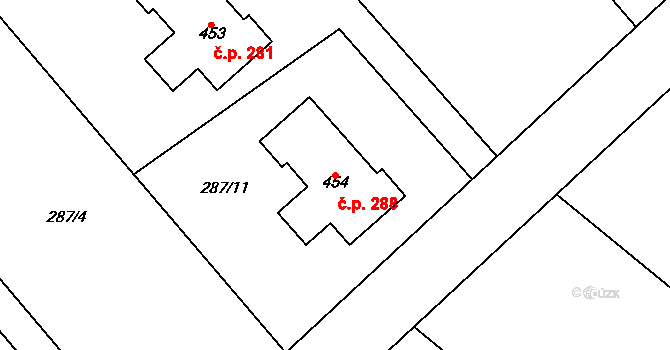 Žeranovice 288 na parcele st. 454 v KÚ Žeranovice, Katastrální mapa